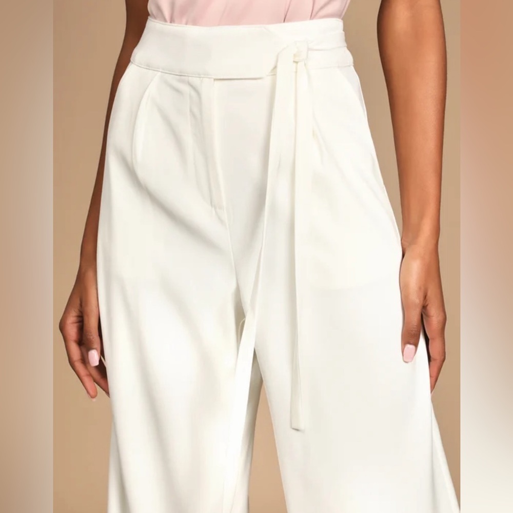 SALE! NWT Lulus Chic Sophistication wide leg side tie pants Cream Ivory Size M - Picture 4 of 7
